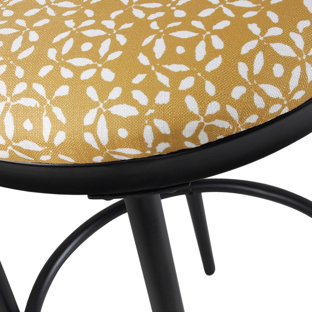 Benjara Nion Backless Counter Height Stool, Black Metal, Yellow Leaf Print