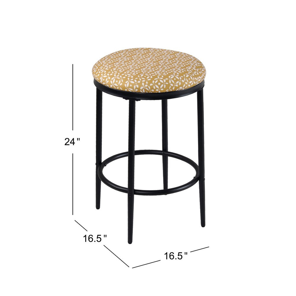 Benjara Nion Backless Counter Height Stool, Black Metal, Yellow Leaf Print