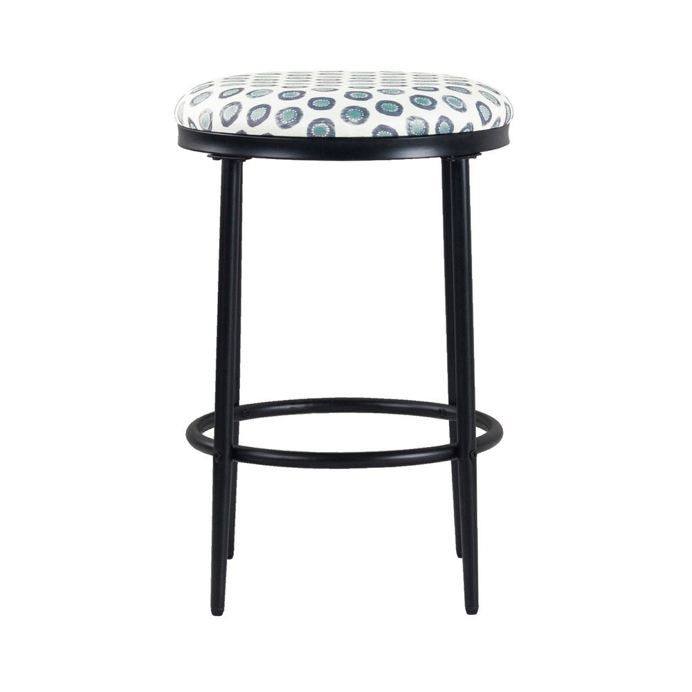 Benjara Nion Backless Counter Height Stool, Black Metal, White Medallion Print