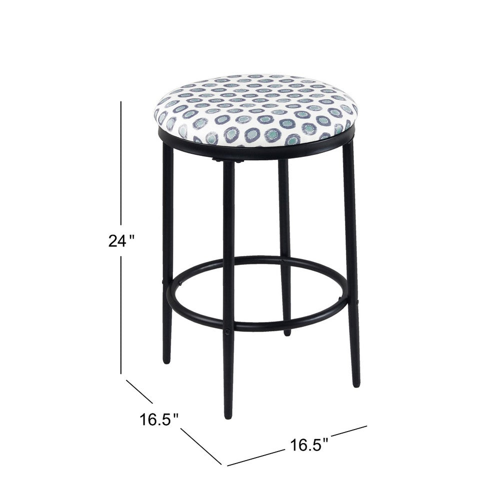 Benjara Nion Backless Counter Height Stool, Black Metal, White Medallion Print