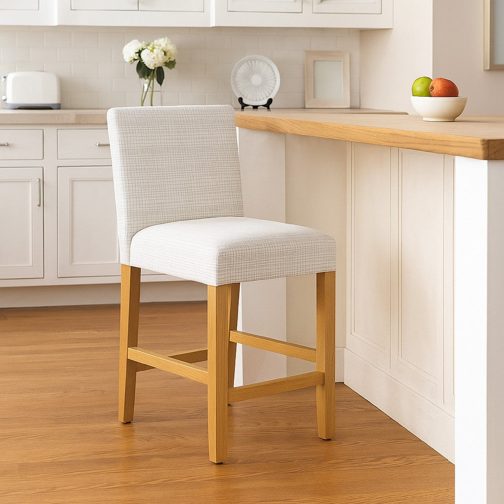 Benjara Relo Counter Height Stool Chair, Cream Polyester, Mini Grid Pattern