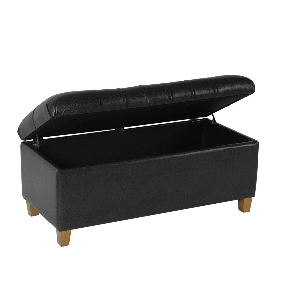 Benjara Bea Storage Ottoman Bench with Tufted Black Faux Leather, 40 Inch