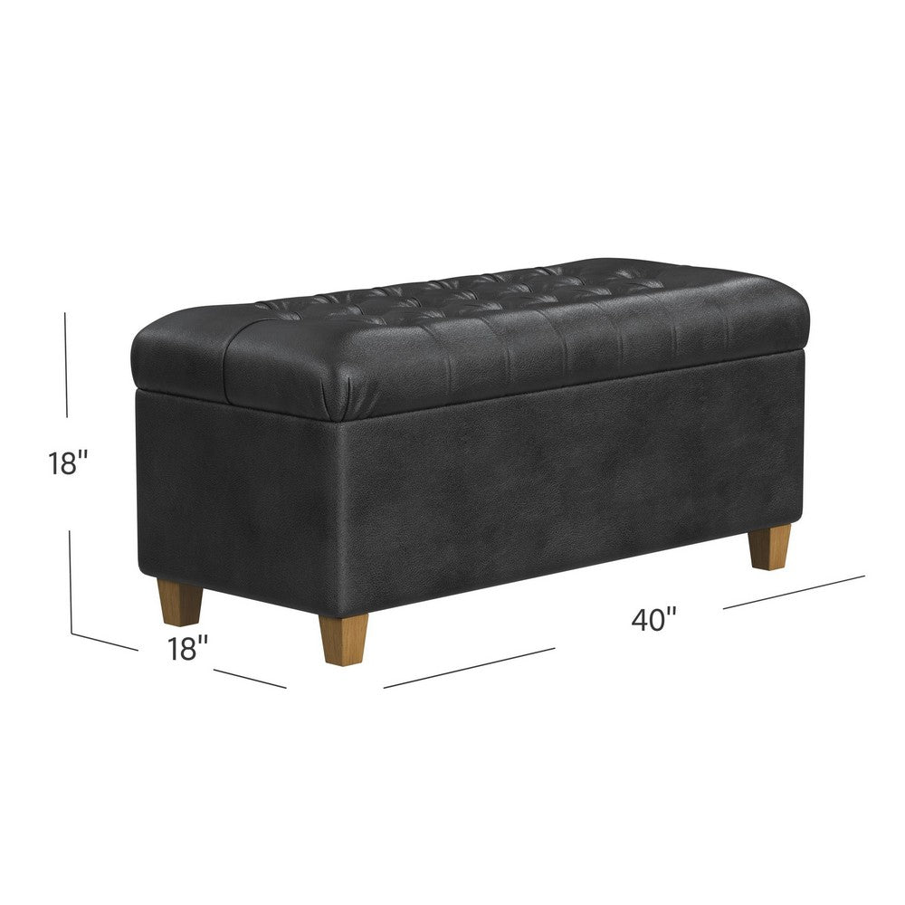 Benjara Bea Storage Ottoman Bench with Tufted Black Faux Leather, 40 Inch