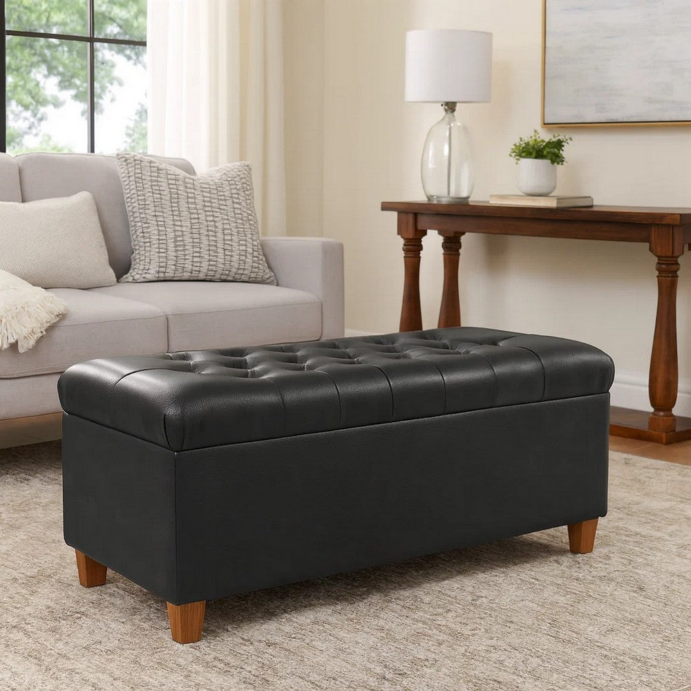 Benjara Bea Storage Ottoman Bench with Tufted Black Faux Leather, 40 Inch