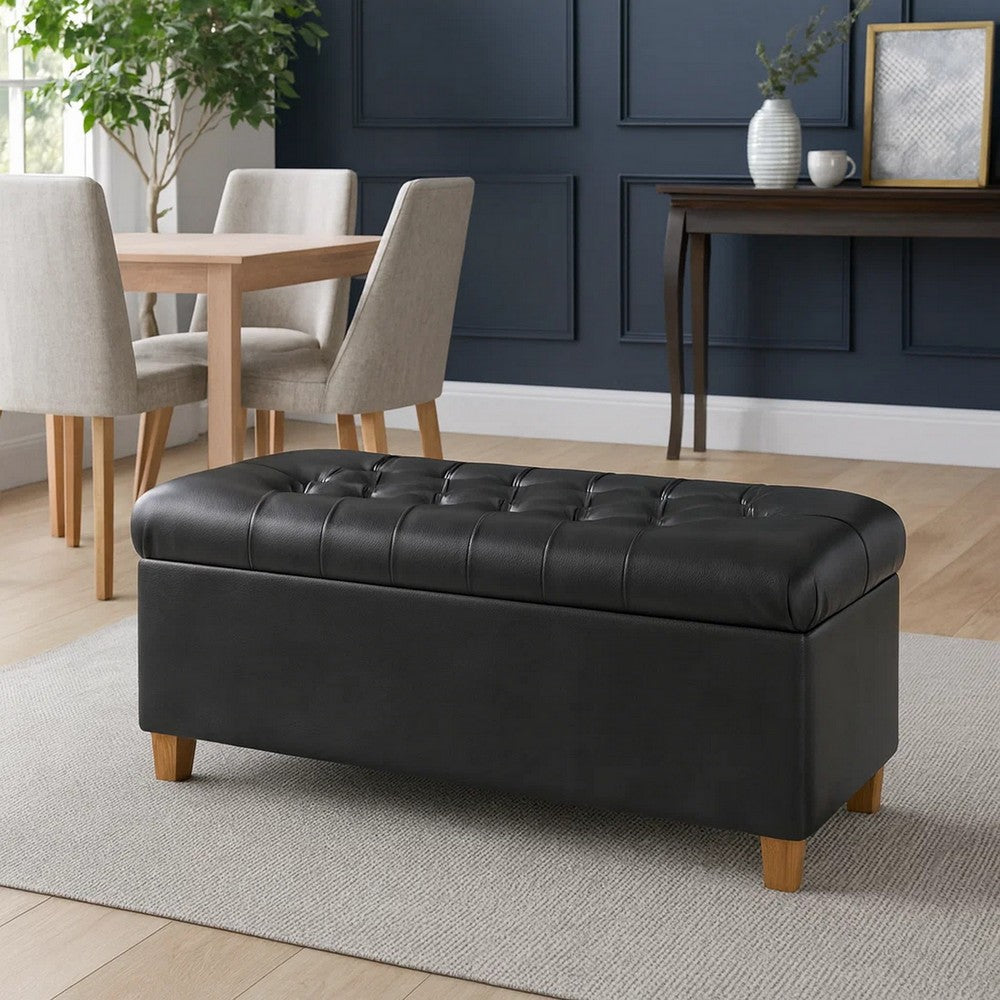 Benjara Bea Storage Ottoman Bench with Tufted Black Faux Leather, 40 Inch