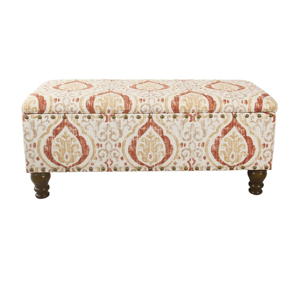 Benjara Ava Storage Accent Bench, 42 Inch Orange And Cream Medallion Design