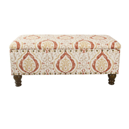 Benjara Ava Storage Accent Bench, 42 Inch Orange And Cream Medallion Design