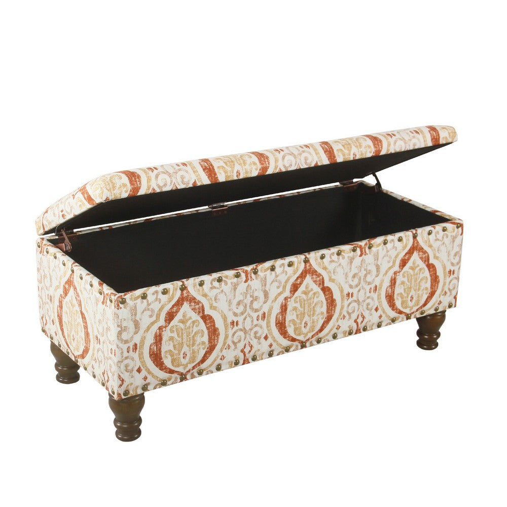 Benjara Ava Storage Accent Bench, 42 Inch Orange And Cream Medallion Design