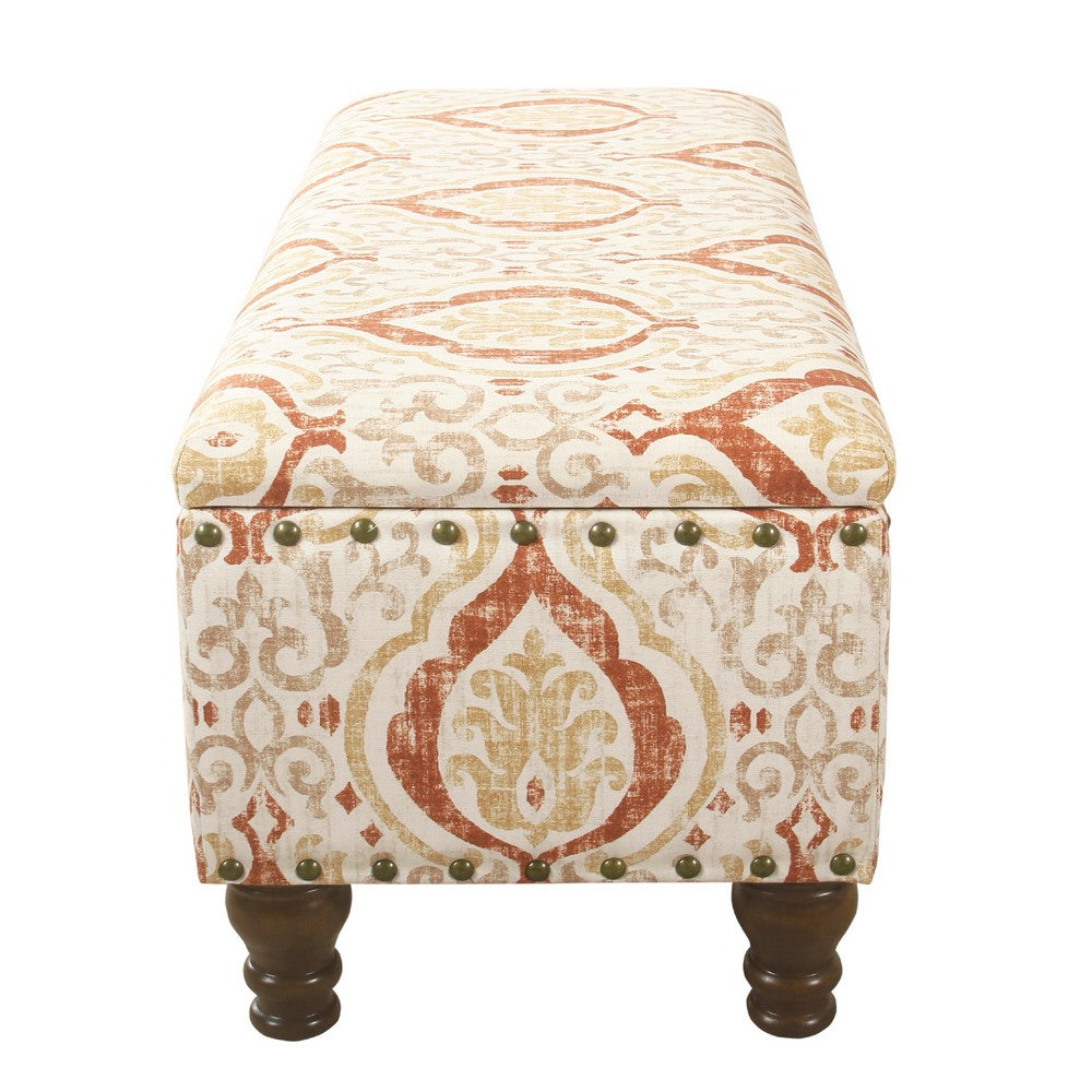 Benjara Ava Storage Accent Bench, 42 Inch Orange And Cream Medallion Design