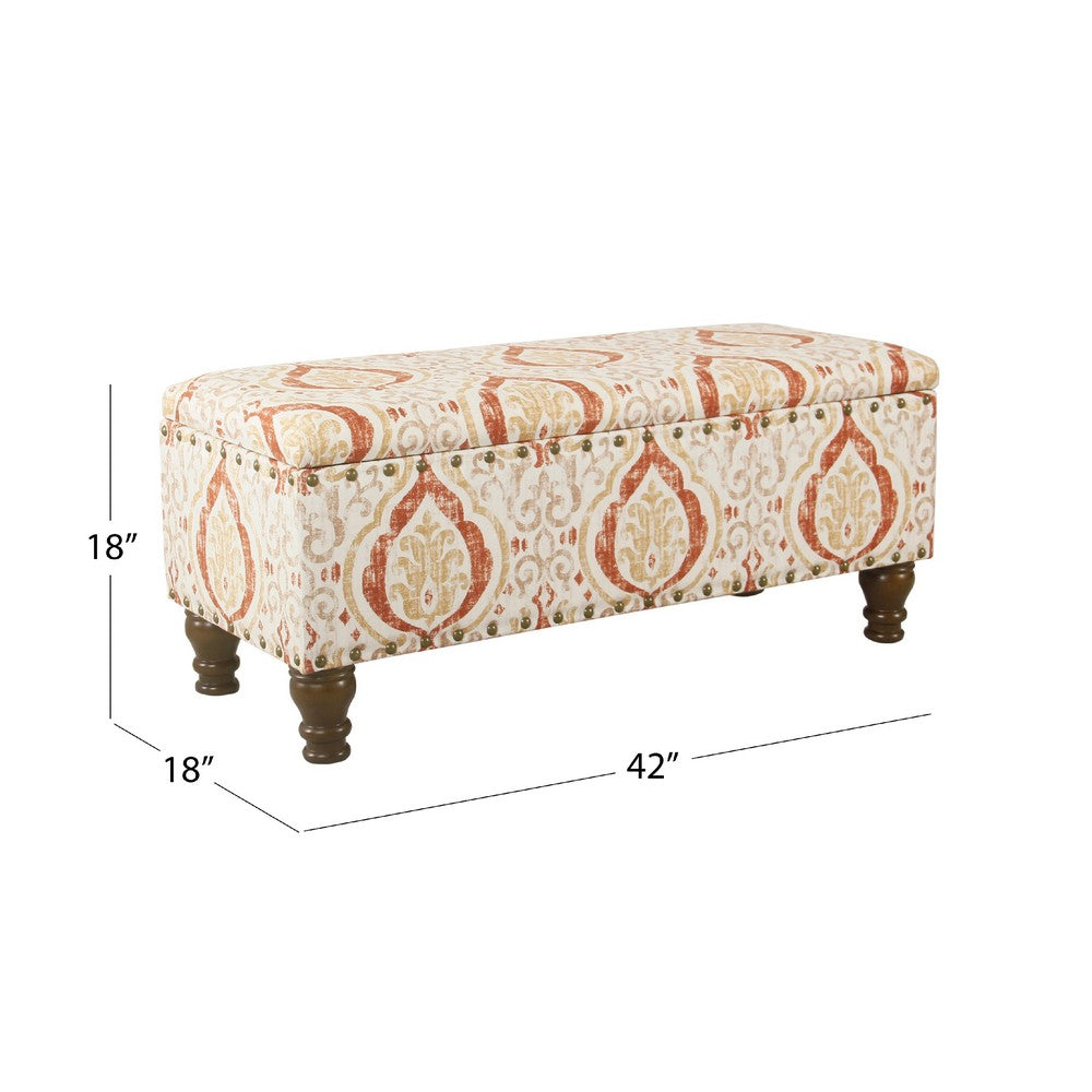 Benjara Ava Storage Accent Bench, 42 Inch Orange And Cream Medallion Design