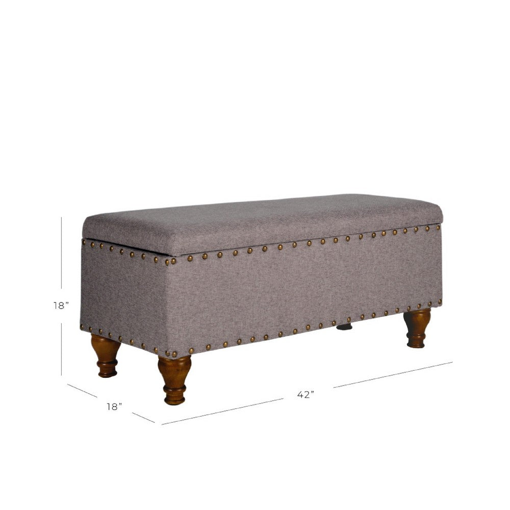 Benjara Ava Accent Bench with Storage Compartment, Nailhead Trim, 42 Inch Gray