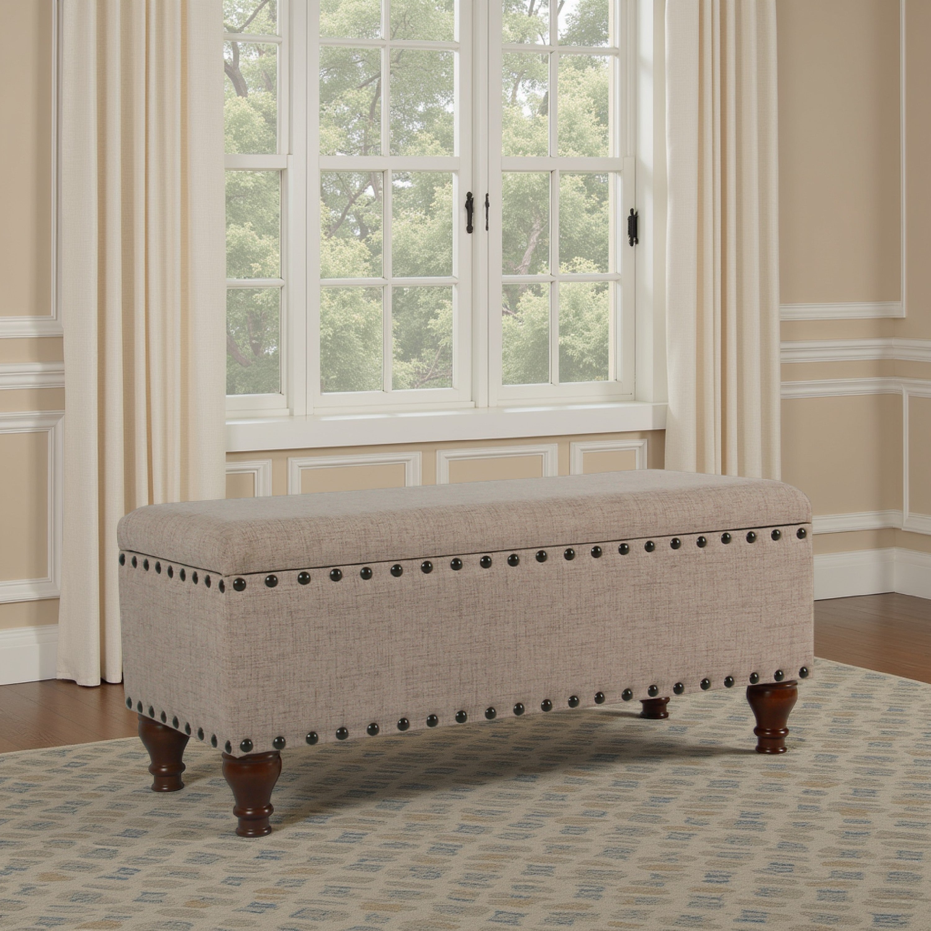 Benjara Ava Accent Bench, Storage Compartment, Nailhead Trim 42 Inch Tan Brown