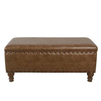 Benjara Ava Accent Storage Bench, Distressed Brown Faux Leather, 42 Inch