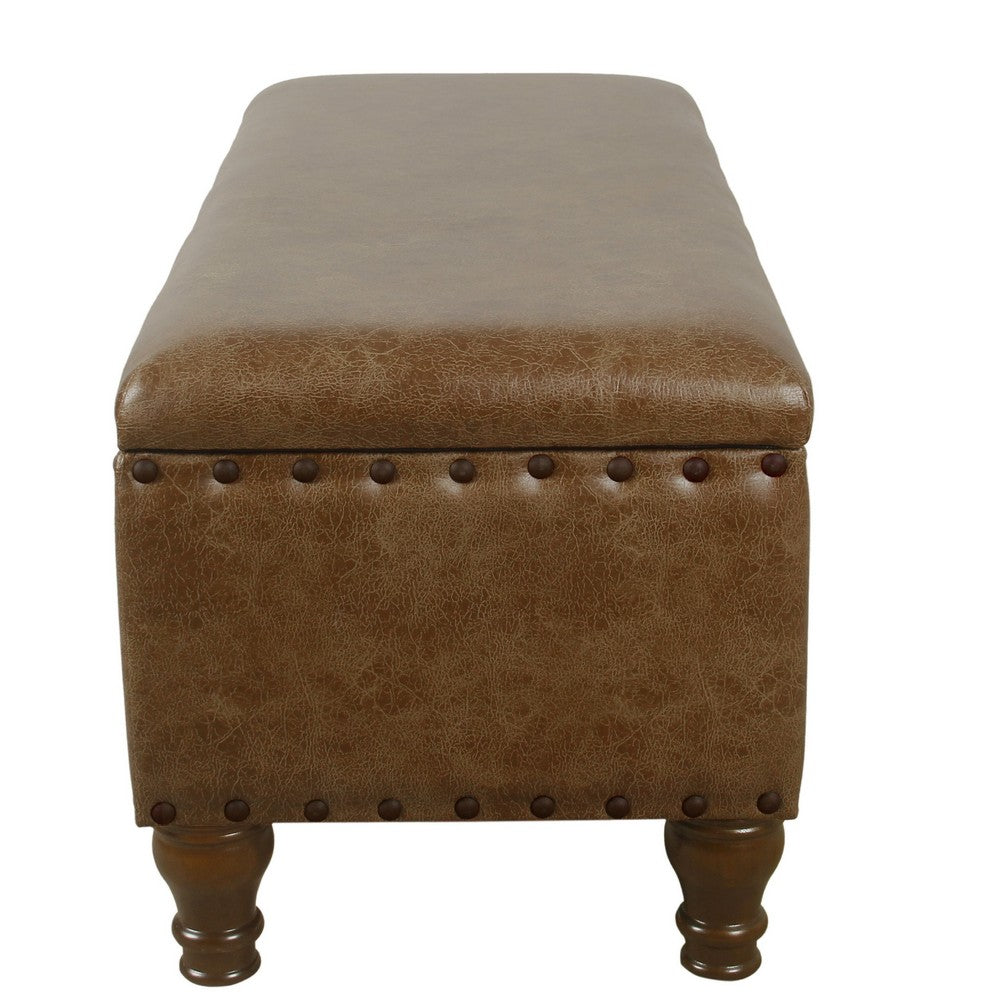 Benjara Ava Accent Storage Bench, Distressed Brown Faux Leather, 42 Inch