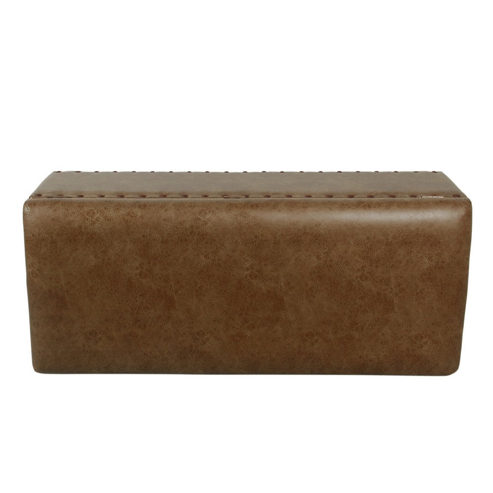 Benjara Ava Accent Storage Bench, Distressed Brown Faux Leather, 42 Inch