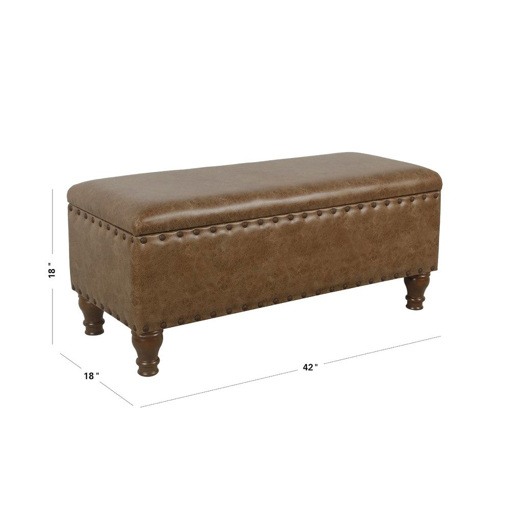 Benjara Ava Accent Storage Bench, Distressed Brown Faux Leather, 42 Inch