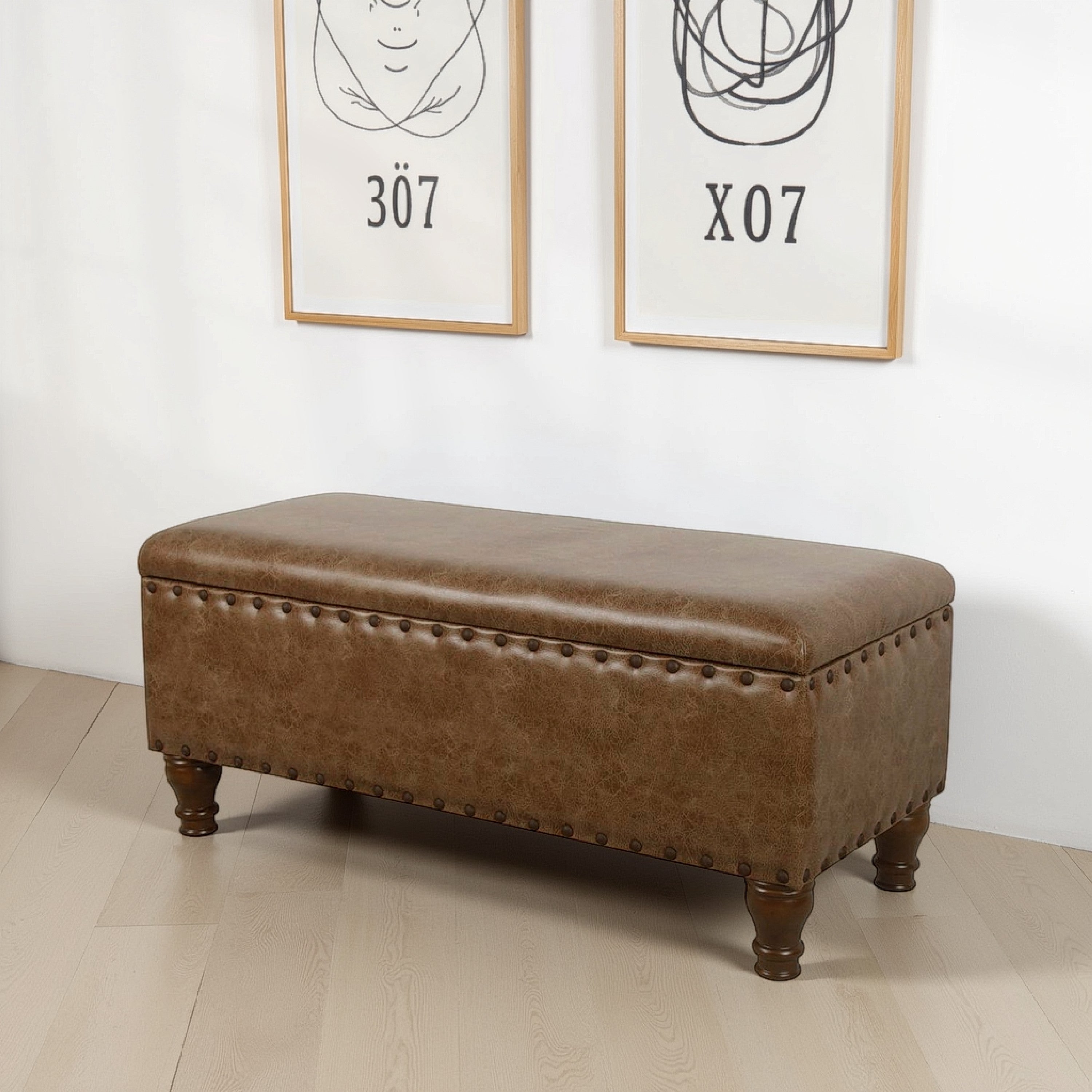 Benjara Ava Accent Storage Bench, Distressed Brown Faux Leather, 42 Inch