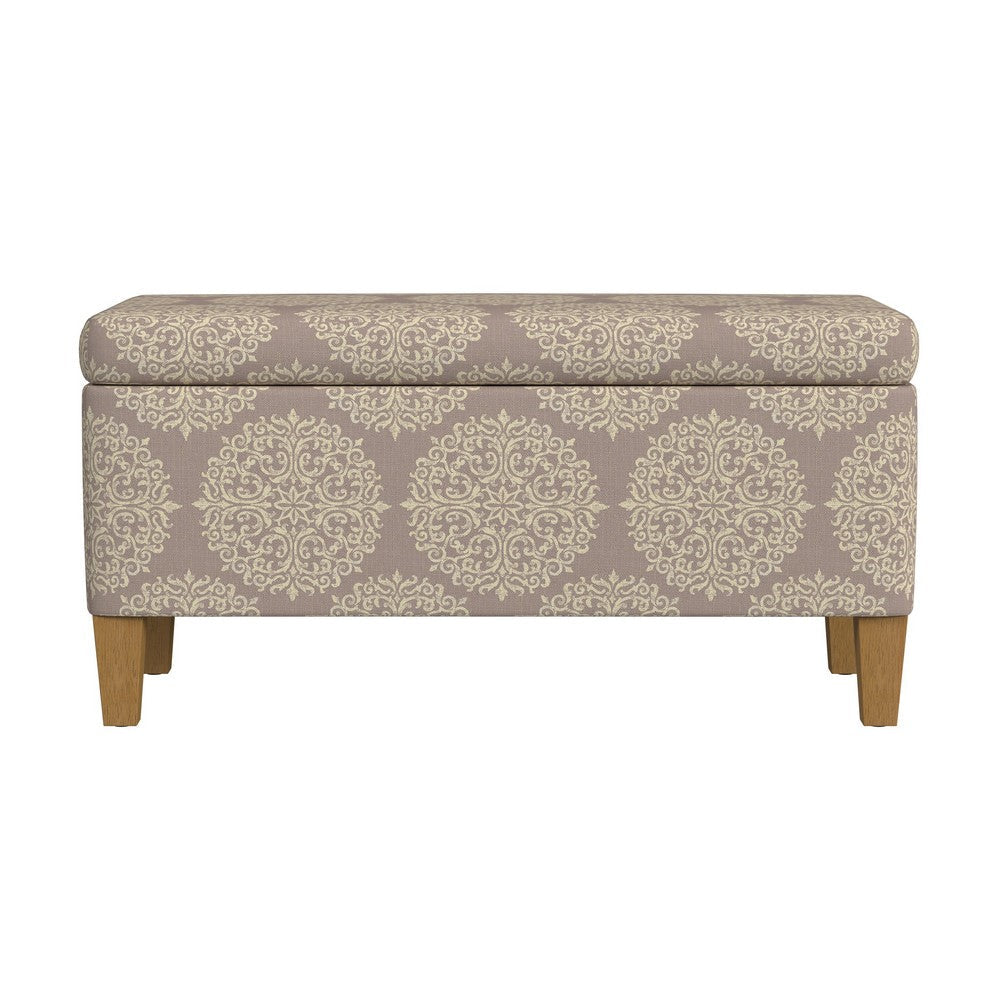 Benjara Ben Storage Bench Ottoman, Light Brown Medallion Design, 36 Inch