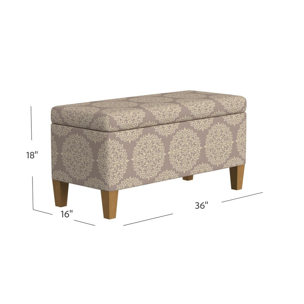 Benjara Ben Storage Bench Ottoman, Light Brown Medallion Design, 36 Inch