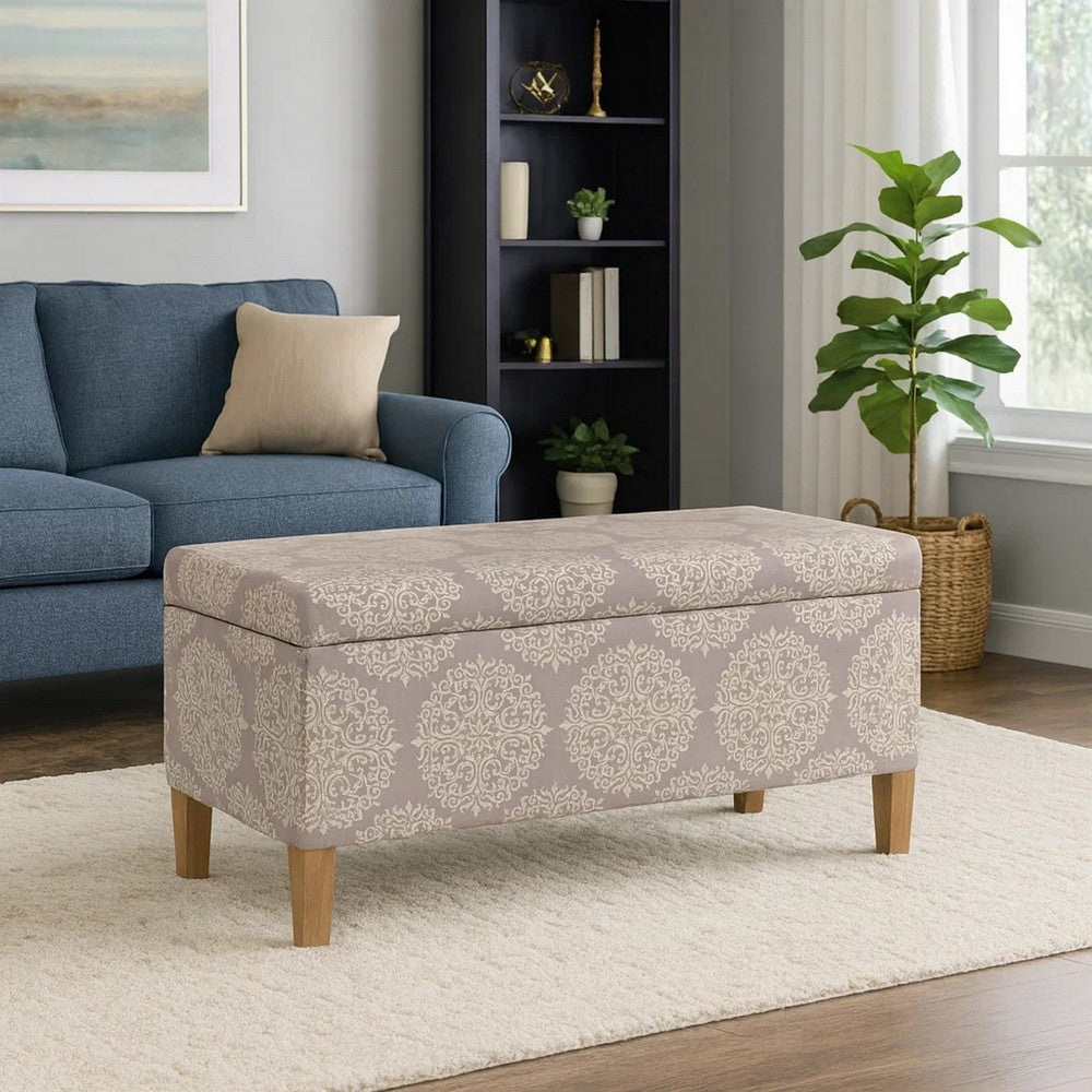Benjara Ben Storage Bench Ottoman, Light Brown Medallion Design, 36 Inch