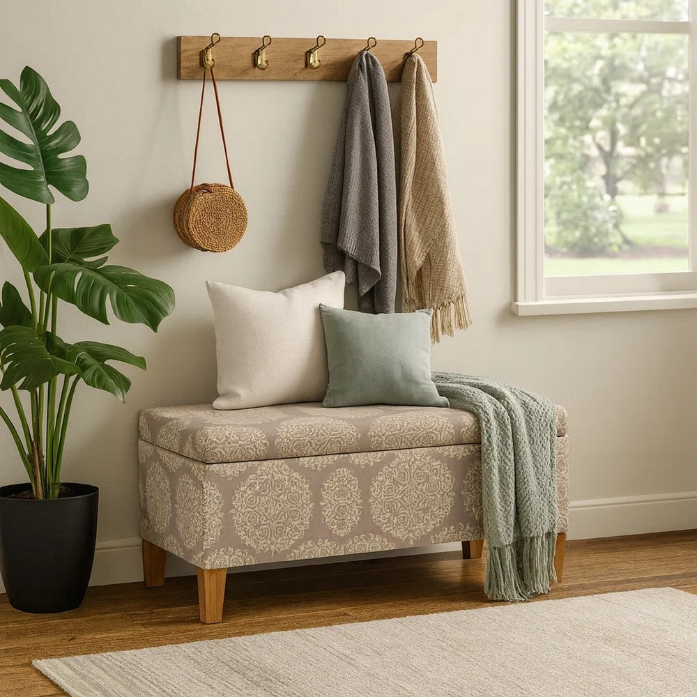 Benjara Ben Storage Bench Ottoman, Light Brown Medallion Design, 36 Inch