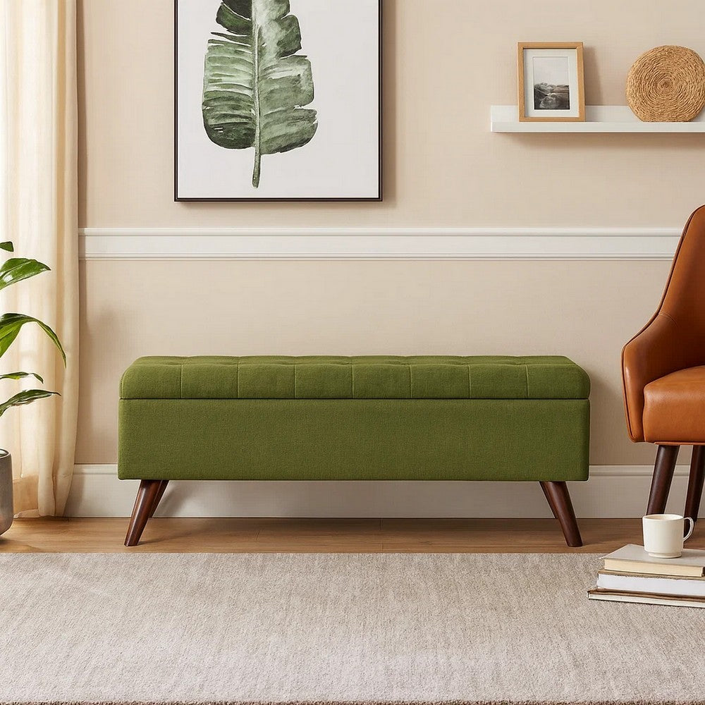 Benjara Eva Storage Bench Ottoman, Olive Green Woven Polyester, Brown, 48 Inch