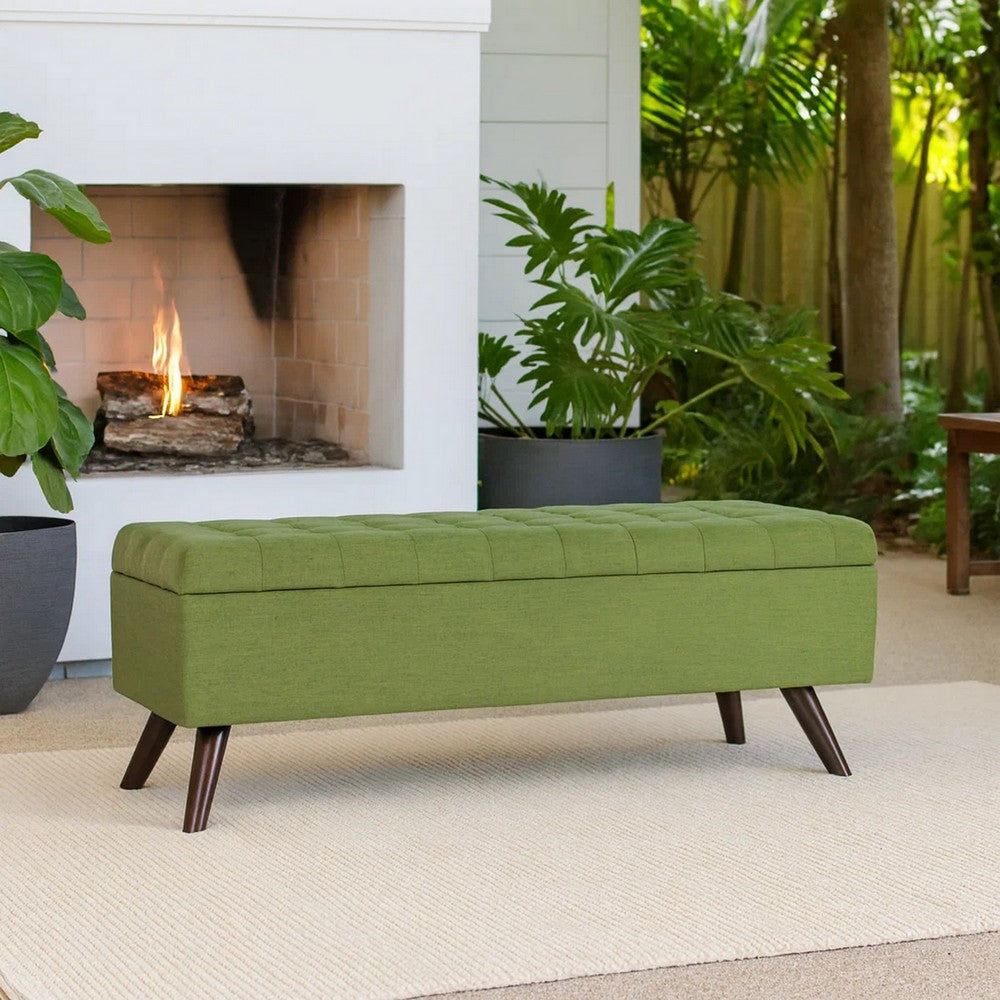 Benjara Eva Storage Bench Ottoman, Olive Green Woven Polyester, Brown, 48 Inch