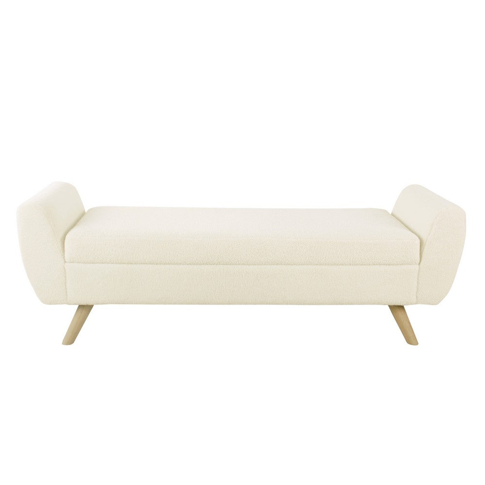 Benjara Rae Storage Bench Ottoman with Arms, Cream Sherpa, Brown, 60 Inch