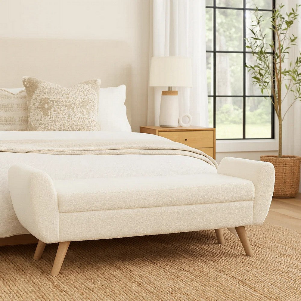 Benjara Rae Storage Bench Ottoman with Arms, Cream Sherpa, Brown, 60 Inch