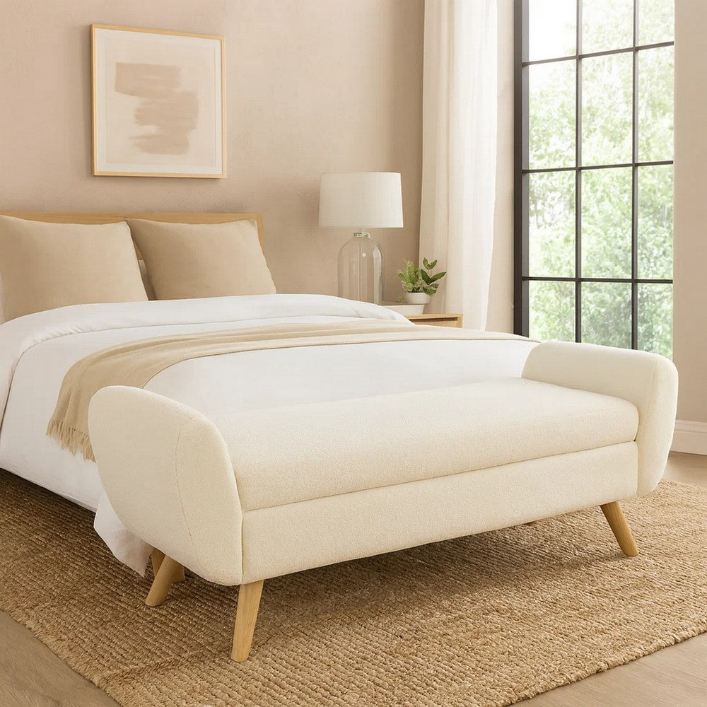 Benjara Rae Storage Bench Ottoman with Arms, Cream Sherpa, Brown, 60 Inch