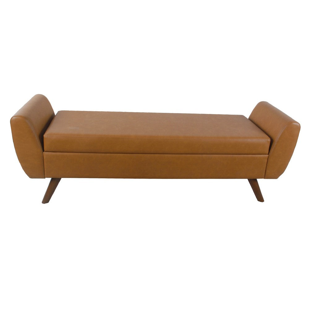 Benjara Rae Storage Bench Ottoman with Arms, Brown Faux Leather, Wood, 60 Inch