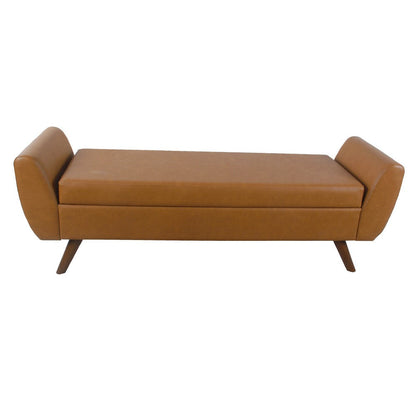 Benjara Rae Storage Bench Ottoman with Arms, Brown Faux Leather, Wood, 60 Inch