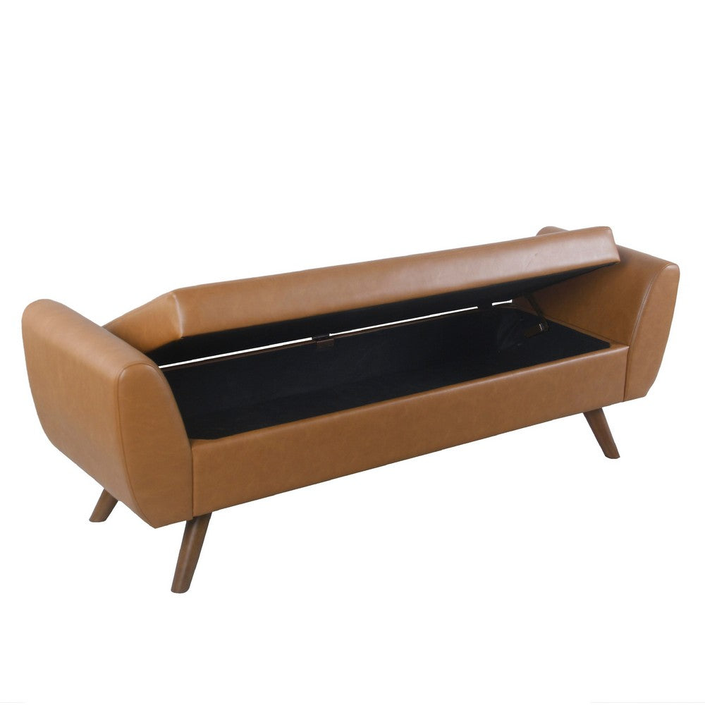 Benjara Rae Storage Bench Ottoman with Arms, Brown Faux Leather, Wood, 60 Inch