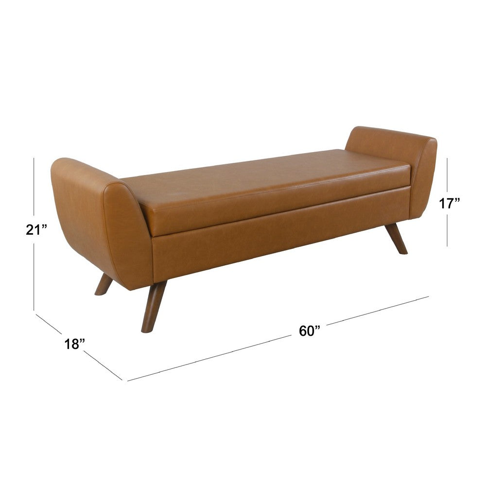 Benjara Rae Storage Bench Ottoman with Arms, Brown Faux Leather, Wood, 60 Inch