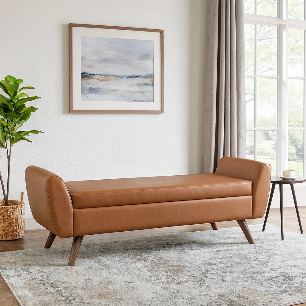 Benjara Rae Storage Bench Ottoman with Arms, Brown Faux Leather, Wood, 60 Inch