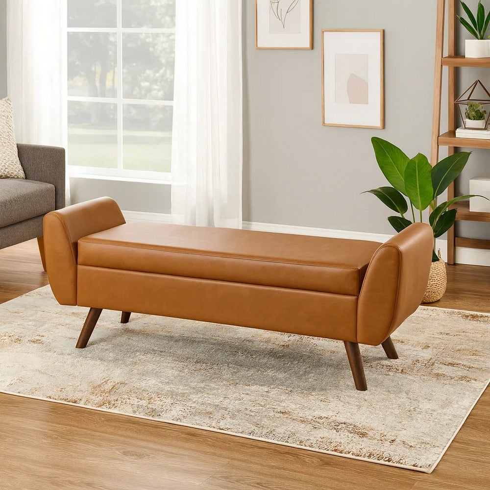 Benjara Rae Storage Bench Ottoman with Arms, Brown Faux Leather, Wood, 60 Inch