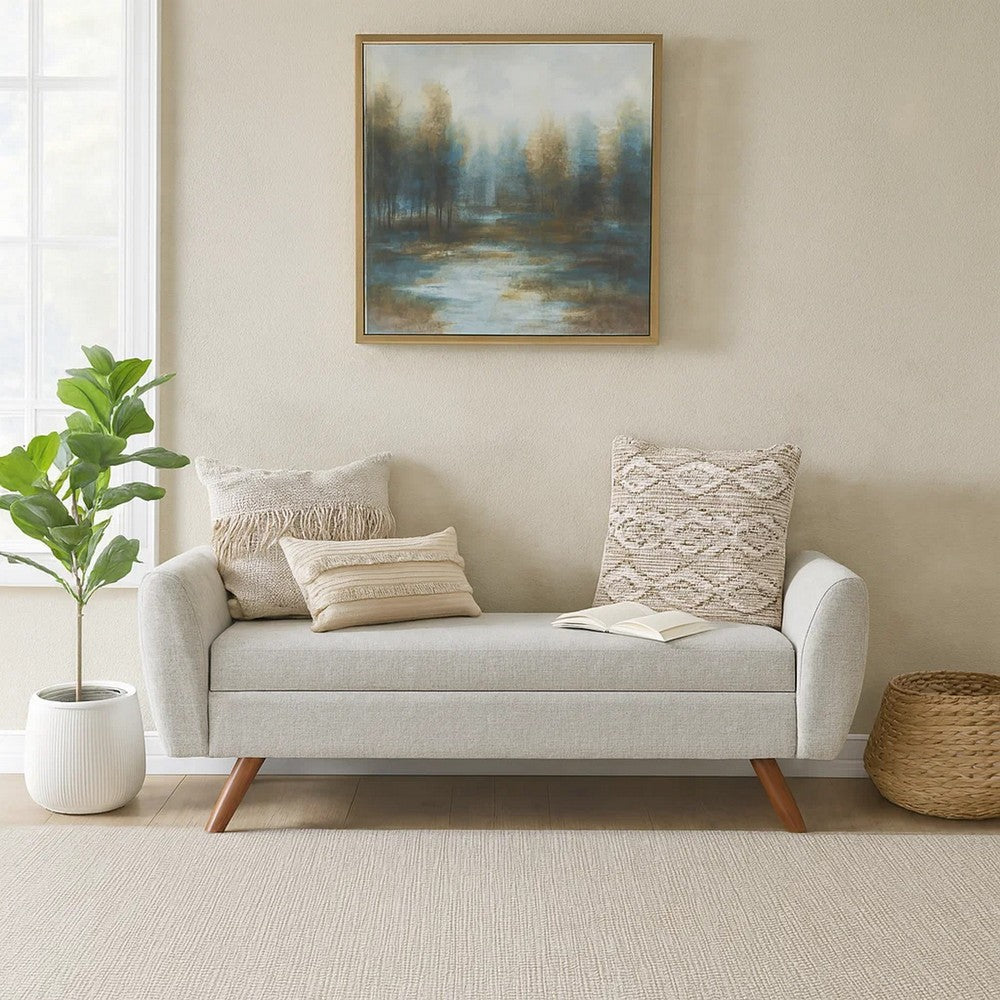 Benjara Rae Storage Bench Ottoman with Arms, Light Gray Woven Fabric, 60 Inch
