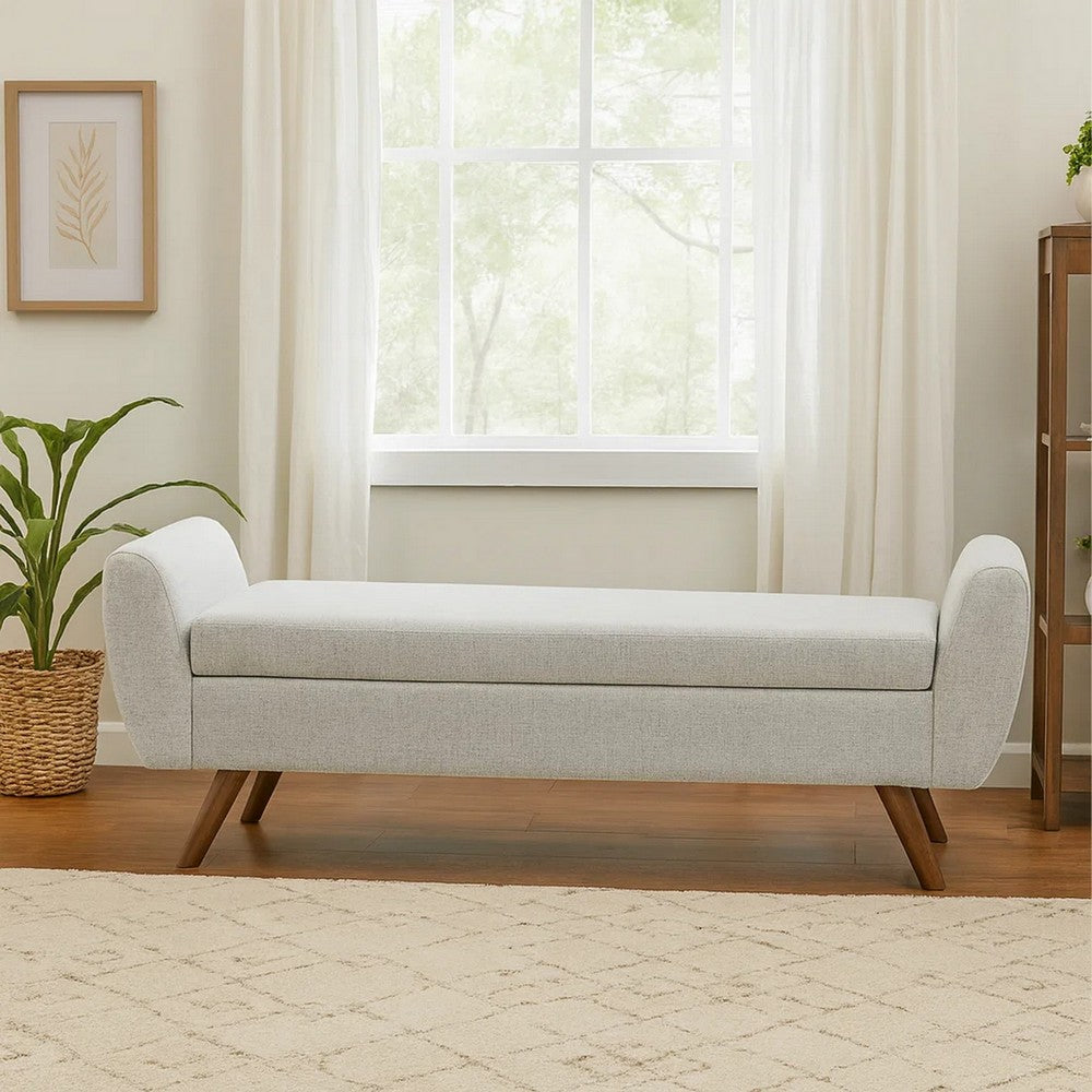 Benjara Rae Storage Bench Ottoman with Arms, Light Gray Woven Fabric, 60 Inch