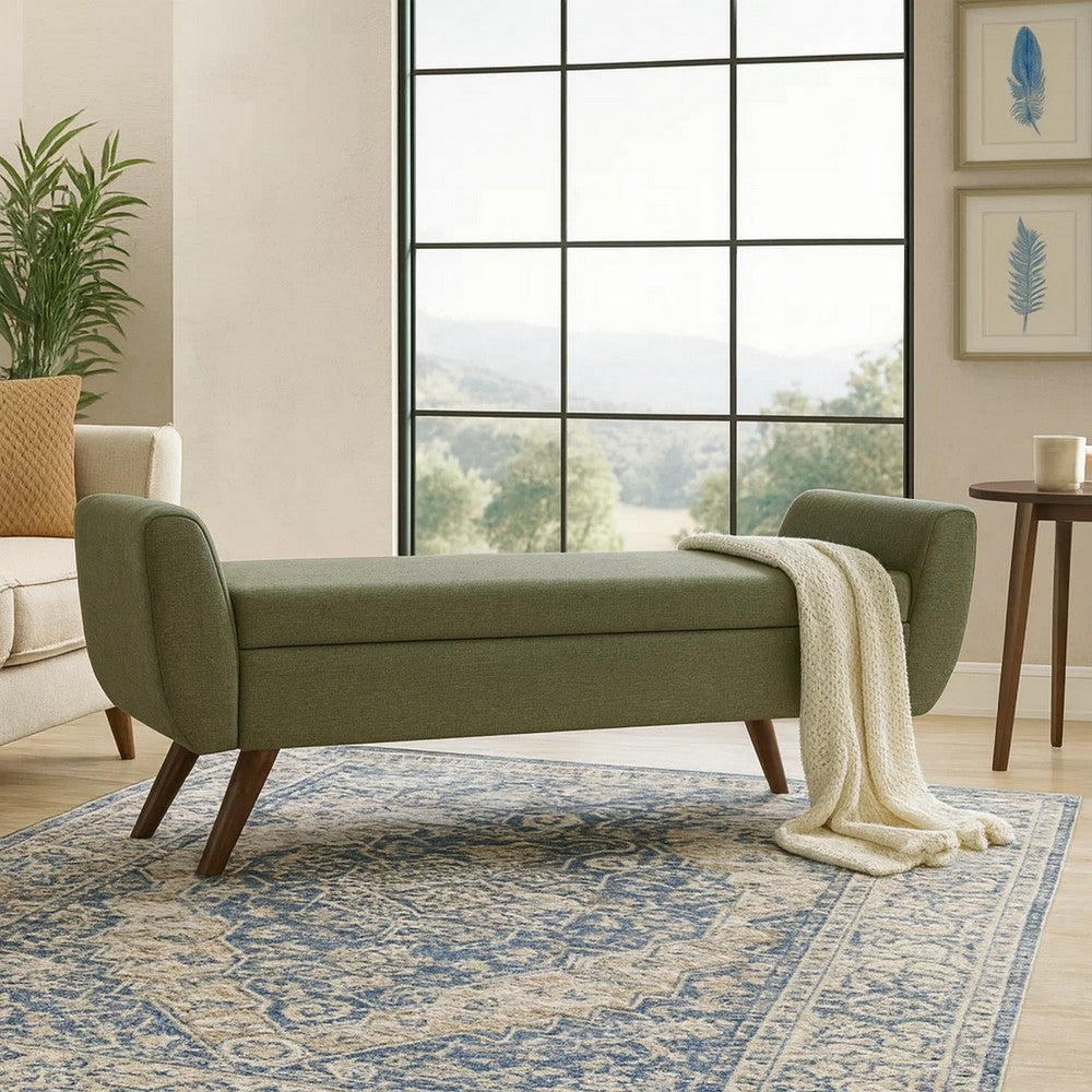 Benjara Rae Storage Bench Ottoman with Arms, Olive Green Woven Fabric, 60 Inch