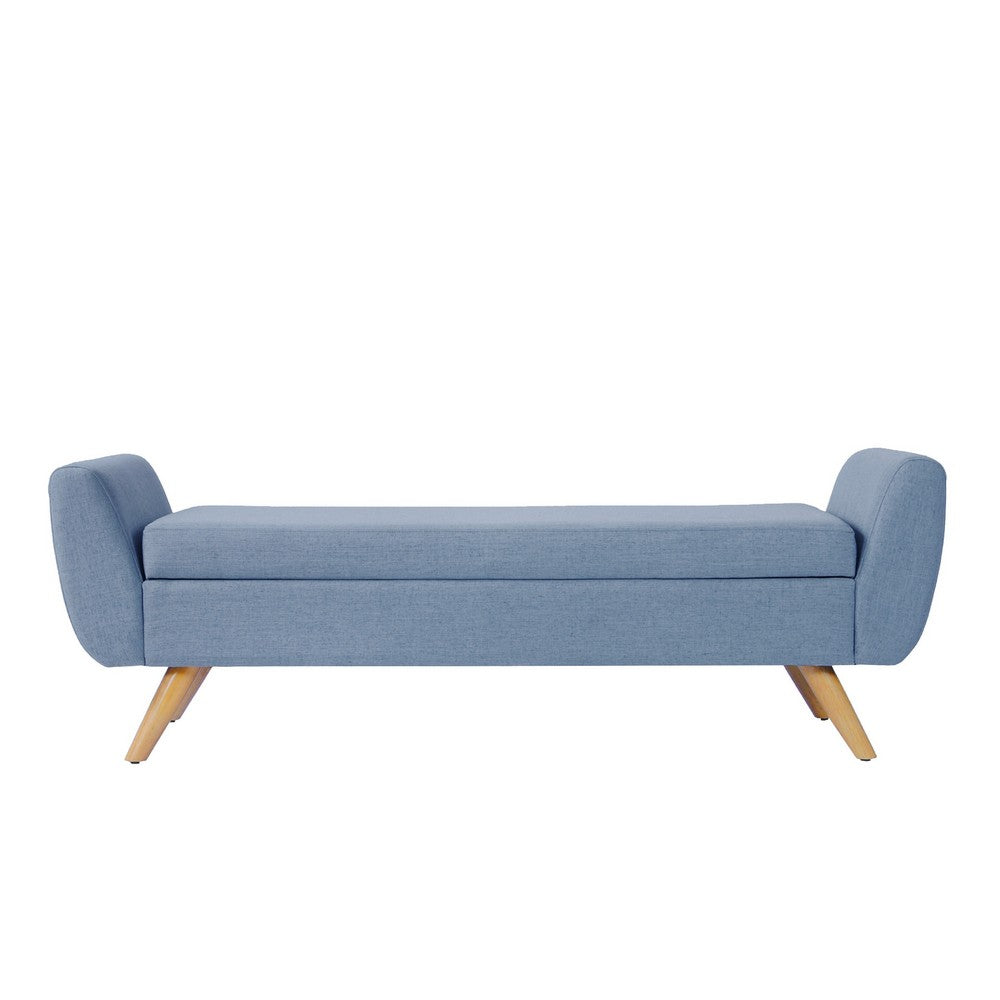 Benjara Rae Storage Bench Ottoman with Arms, French Blue Woven Fabric, 60 Inch