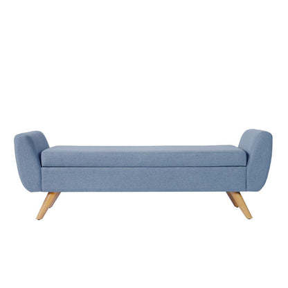 Benjara Rae Storage Bench Ottoman with Arms, French Blue Woven Fabric, 60 Inch