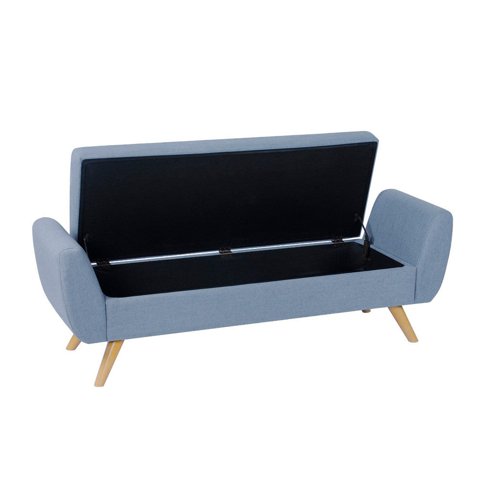 Benjara Rae Storage Bench Ottoman with Arms, French Blue Woven Fabric, 60 Inch