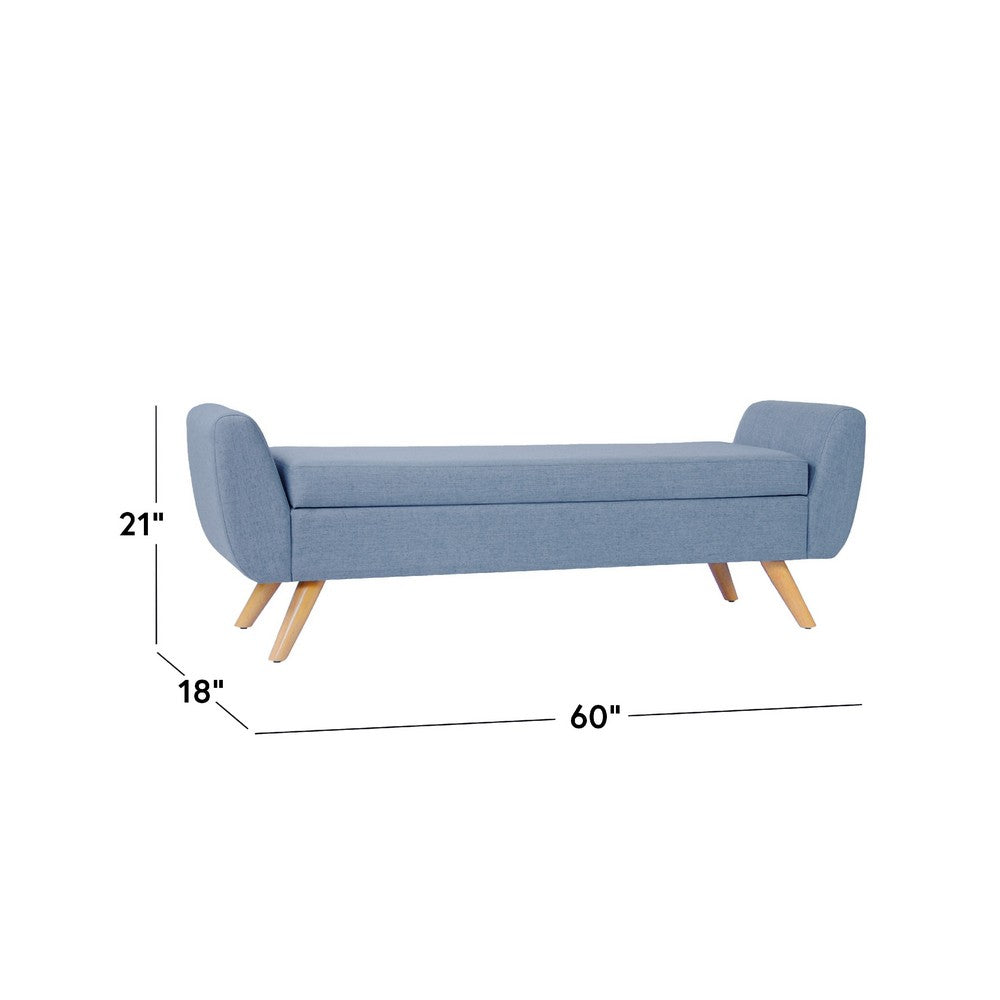 Benjara Rae Storage Bench Ottoman with Arms, French Blue Woven Fabric, 60 Inch
