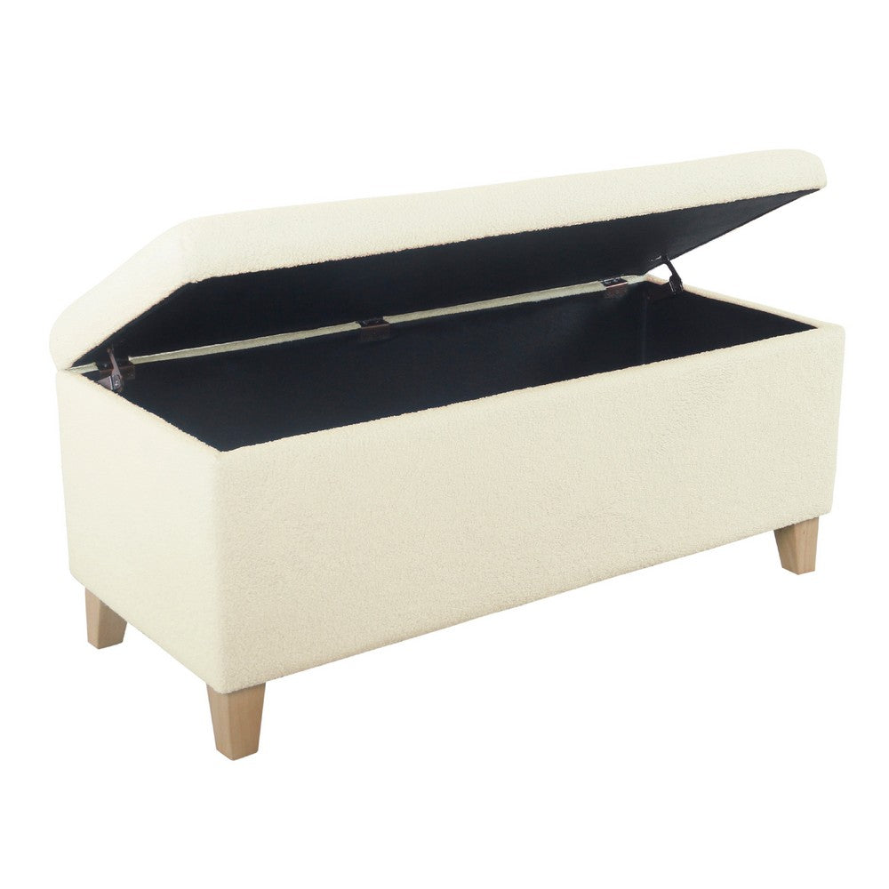 Benjara Liv Storage Bench Ottoman, Cream Sherpa, Natural Brown Wood, 42 Inch