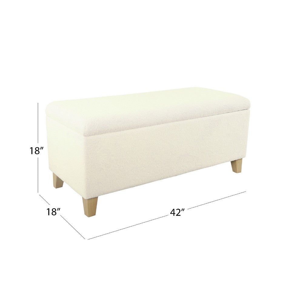 Benjara Liv Storage Bench Ottoman, Cream Sherpa, Natural Brown Wood, 42 Inch