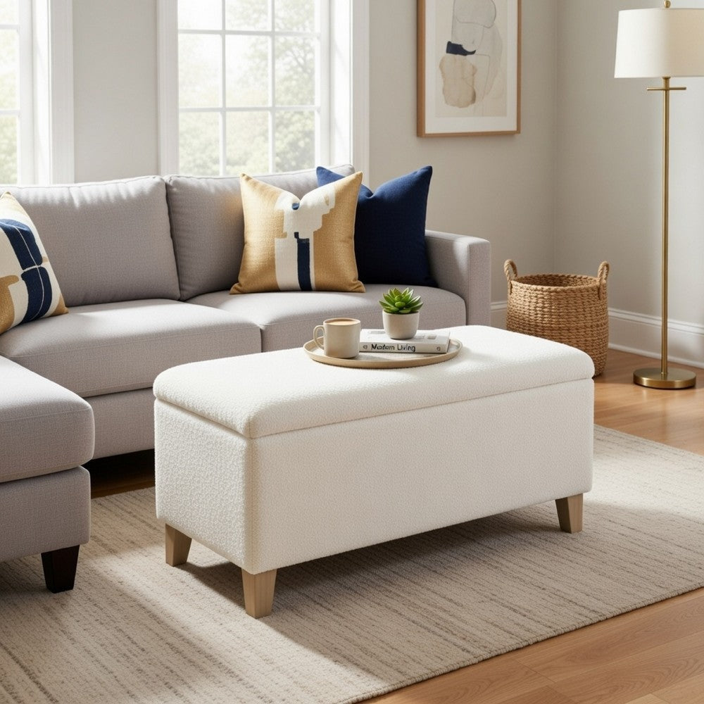 Benjara Liv Storage Bench Ottoman, Cream Sherpa, Natural Brown Wood, 42 Inch