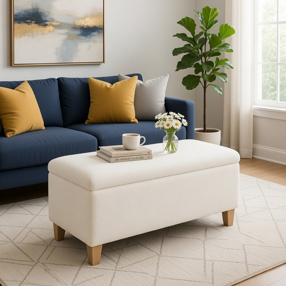 Benjara Liv Storage Bench Ottoman, Cream Sherpa, Natural Brown Wood, 42 Inch