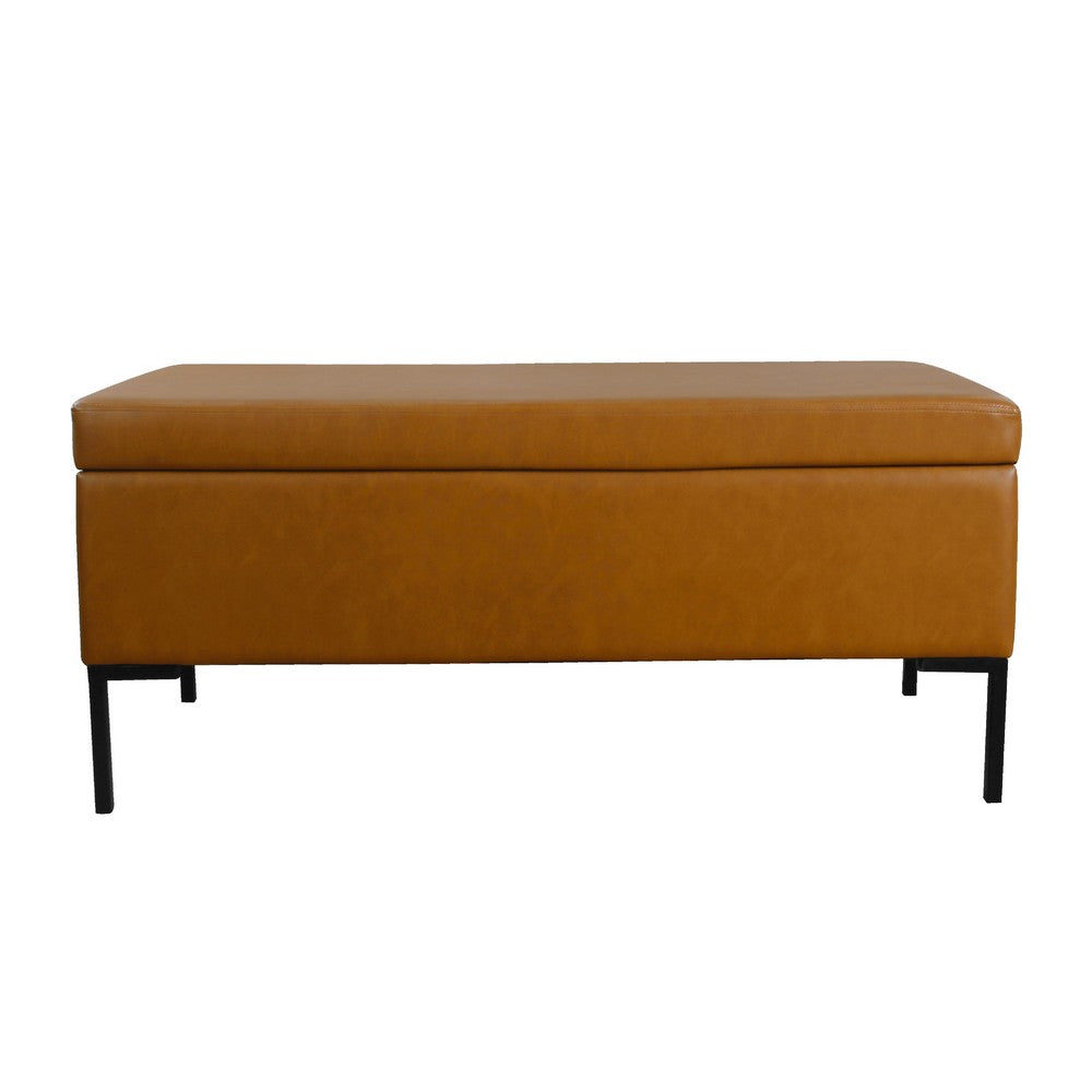 Benjara Ray Storage Bench Ottoman, Caramel Brown Faux Leather, Black, 42 Inch