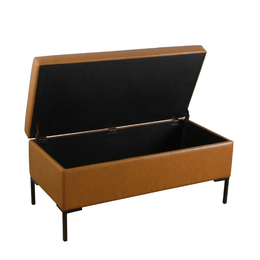 Benjara Ray Storage Bench Ottoman, Caramel Brown Faux Leather, Black, 42 Inch
