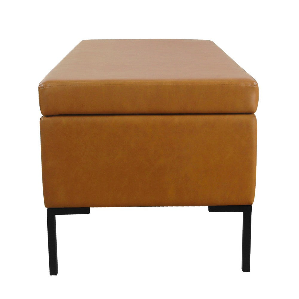 Benjara Ray Storage Bench Ottoman, Caramel Brown Faux Leather, Black, 42 Inch